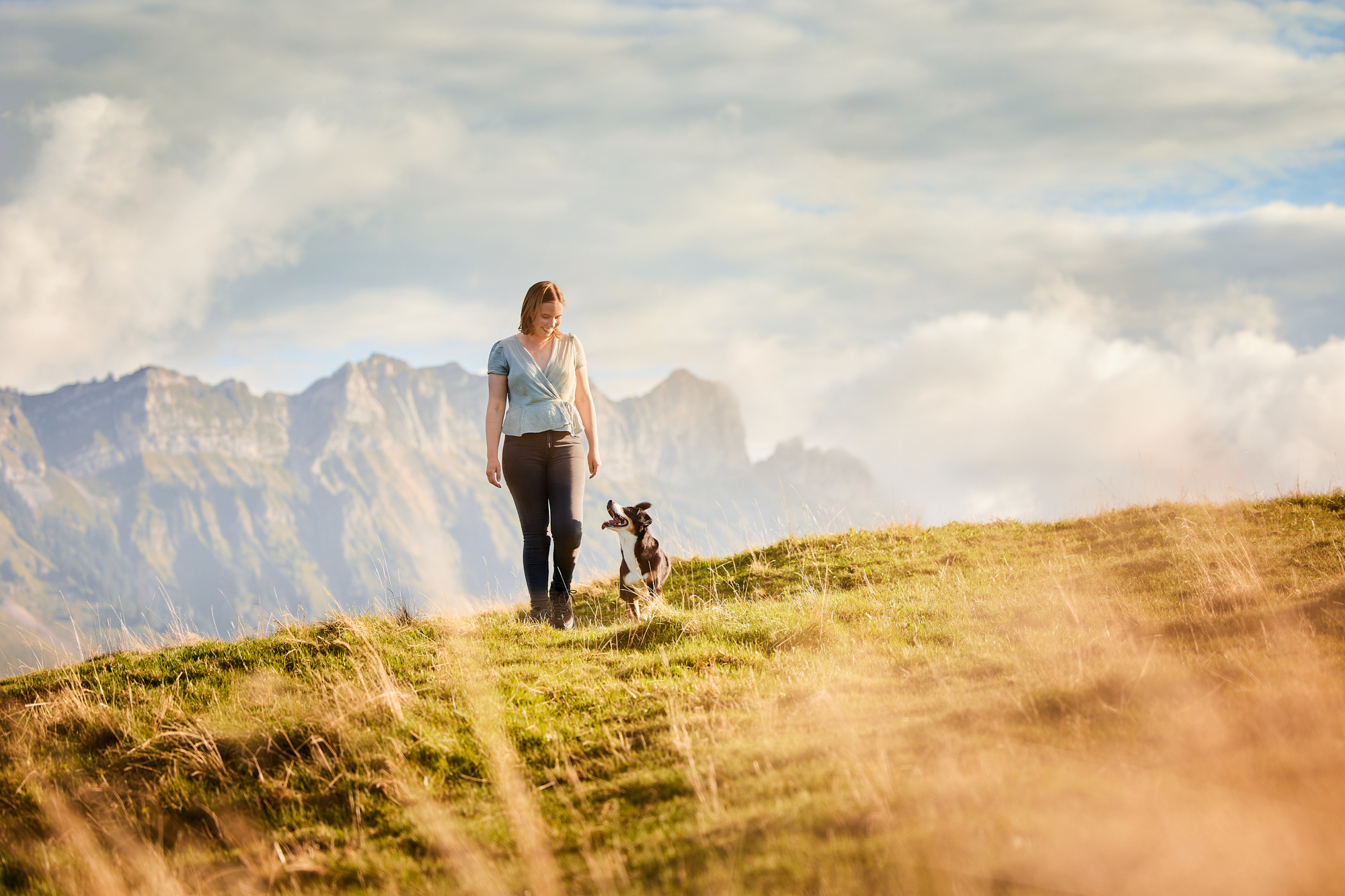 Entlebucher Sennenhund mit Hundebesitzerin bei einem Fotoshooting in Entlebuch in der Schweiz im Sonnenuntergang, professionelles Hunde-Fotoshooting in der Natur