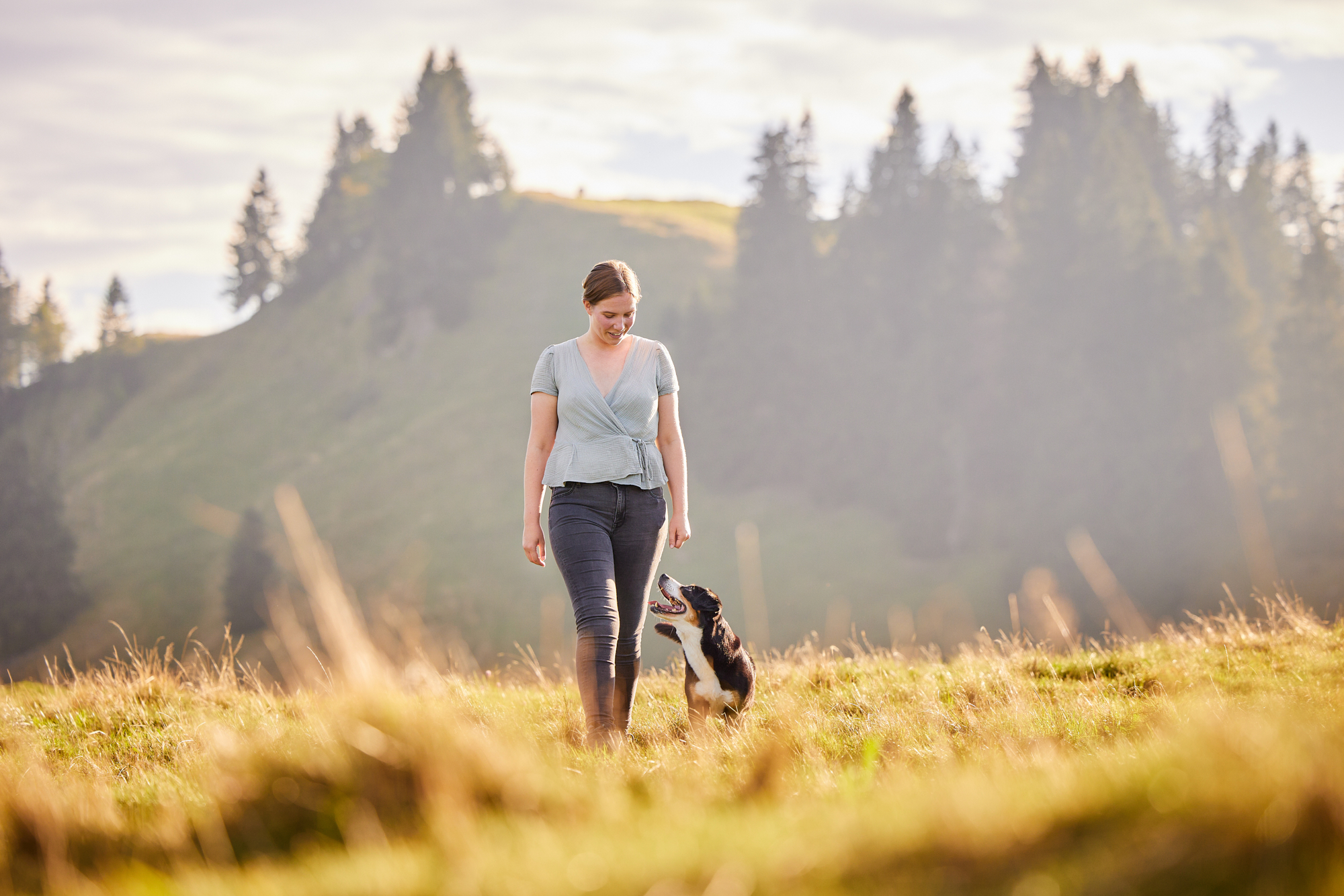 Entlebucher Sennenhund mit Hundebesitzerin bei einem Fotoshooting in Entlebuch in der Schweiz im Sonnenuntergang, professionelles Hunde-Fotoshooting in der Natur