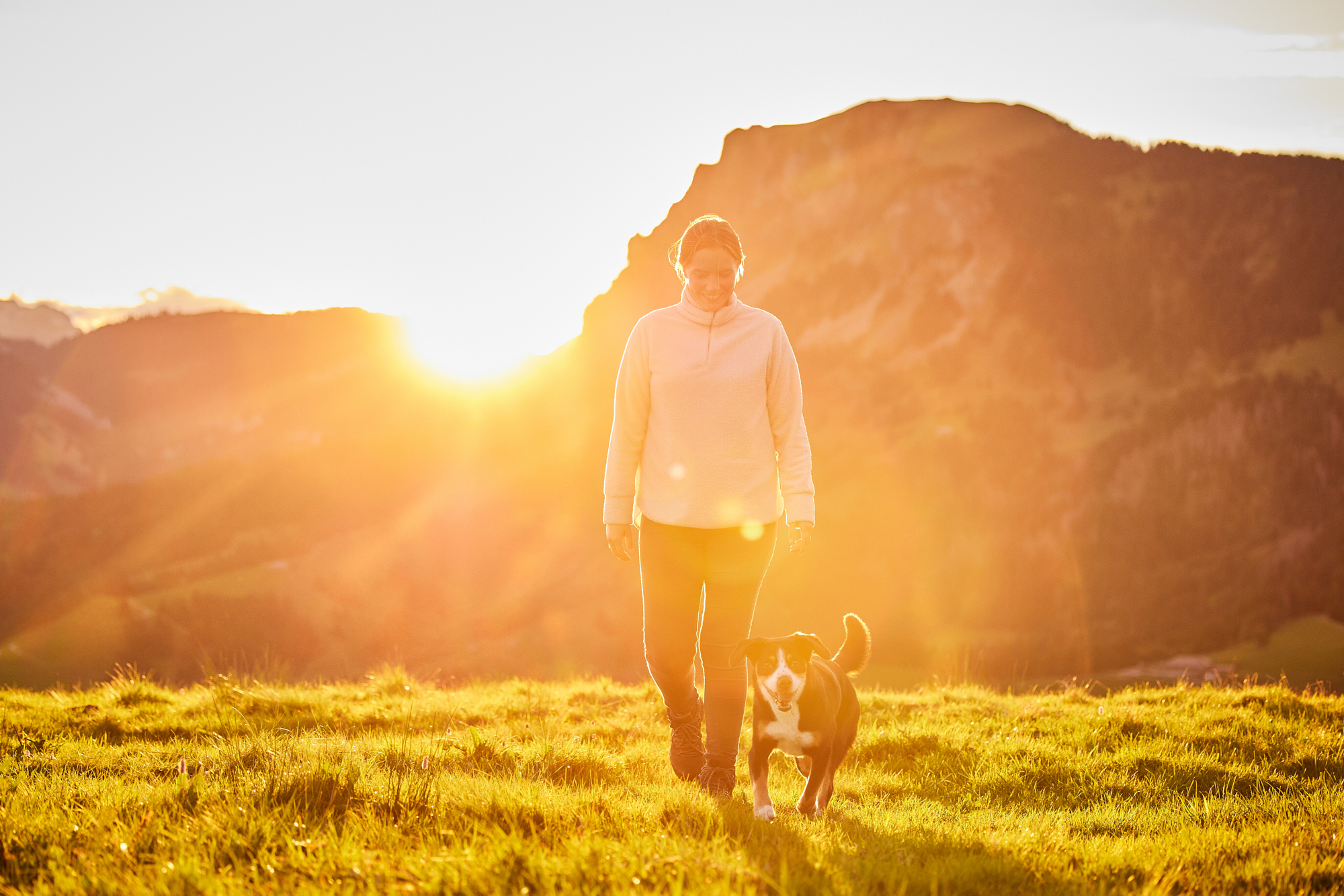 Entlebucher Sennenhund mit Hundebesitzerin bei einem Fotoshooting in Entlebuch in der Schweiz im Sonnenaufgang, professionelles Hunde-Fotoshooting in der Natur