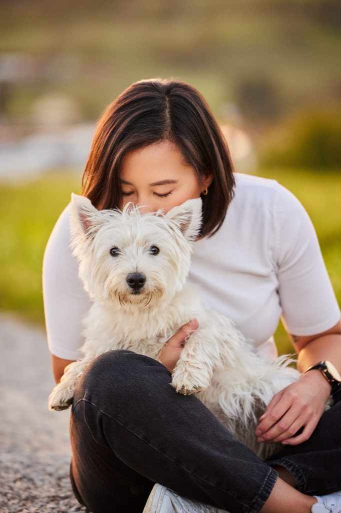 West Highland Terrier Hündin mit ihrer Hundebesitzerin auf einem Kiesweg bei Basel im Herbst